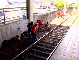 Trabalhadores da manutenção dos trilhos do Metrô do Recife — Foto: Reprodução/TV Globo