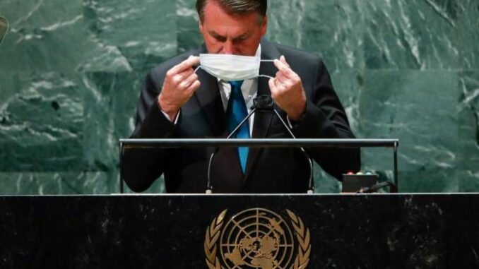 O presidente Jair Bolsonaro em discurso na Assembléia Geral da ONU de 2021. Eduardo Munoz-Pool/Getty Images