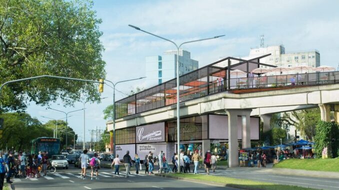 Ideia para a linha do aeromóvel: estações modernas de embarque e desembarque, com cafeteria e cervejaria embaixo dos trilhos Aeromóvel Brasil / Divulgação