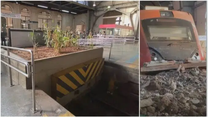 Trem bate contra barreira de proteção na Estação Júlio Prestes, da Linha 8-Diamante, em São Paulo — Foto: Reprodução/TV Globo