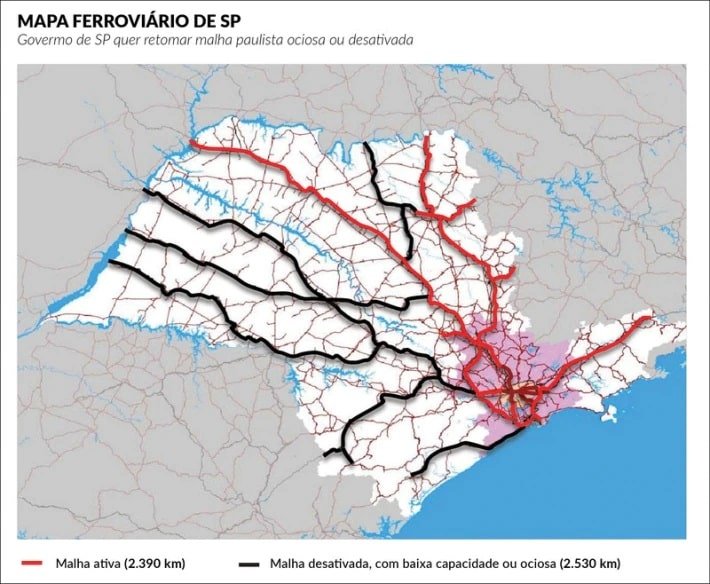 Mapa da SLT mostra ferrovias ativas e inoperantes em SP.