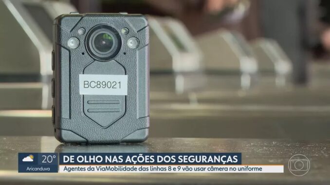 Seguranças das linhas 8-Diamante e 9-Esmeralda do metrô passarão a utilizar câmeras nos uniformes — Foto: Reprodução/TV Globo
