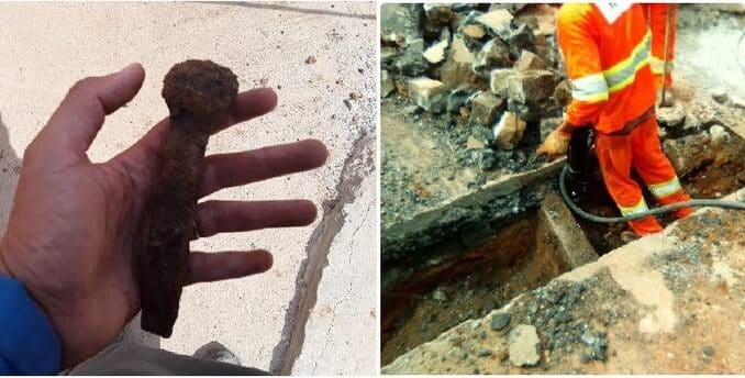 Cravo e trilho de bonde encontrado durante obras da Linha 6-Laranja na Estação Bela Vista Foto: Relatório Parcial/A Lasca Arqueologia/Reprodução