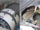 O tatuzão da Linha 6-Laranja e a cratera formada na Marginal do Tietê após o acidente de fevereiro de 2022. — Foto: Montagem/g1
