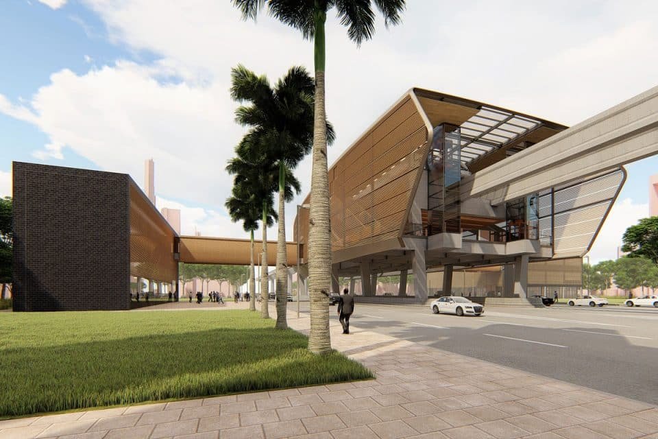 Projeção de como seria uma das estações da Linha 18-Bronze: transporte rápido, integrado com a malha metroferroviária e com tarifa única (Fernandes Arquitetos)