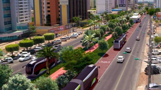 Ilustração projeta como ficaria o BRT, em substituição ao inacabado VLT em Cuiabá, em Mato Grosso - Governo de Mato Grosso/Divulgação