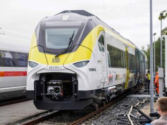O trem movido a hidrogênio 'Mireo Plus H', do projeto conjunto 'H2goesRail' da Siemens Mobility e Deutsche Bahn, em apresentação no local de testes da Siemens em Wegberg, oeste da Alemanha - Bernd Lauter - 9.set.2022/AFP