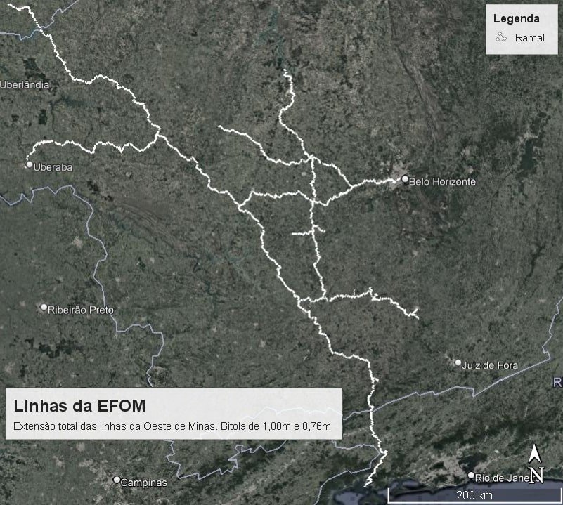 Mapa da extensão das Linhas da EFOM