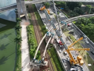 Vigas da Linha 17–Ouro do Monotrilho do Metrô de São Paulo em obra na Marginal Pinheiros — Foto: Divulgação
