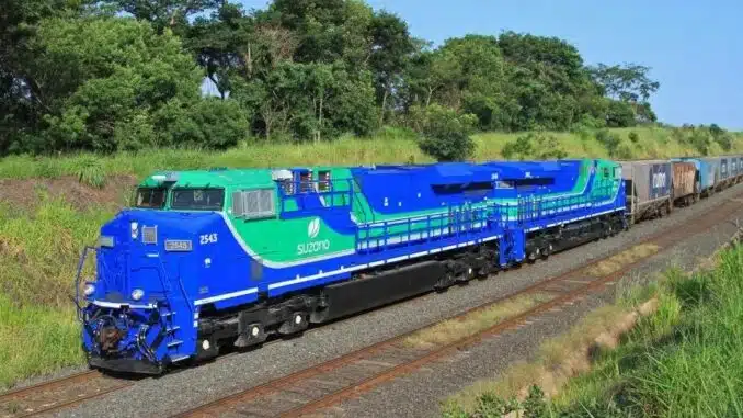 Trem com logotipo da Suzano é utilizado para transporte de celulose; empresas do setor estão investindo pesado no modal ferroviário para agilizar entregas (Foto: reprodução / Redes Sociais / Revista Ferroviária)